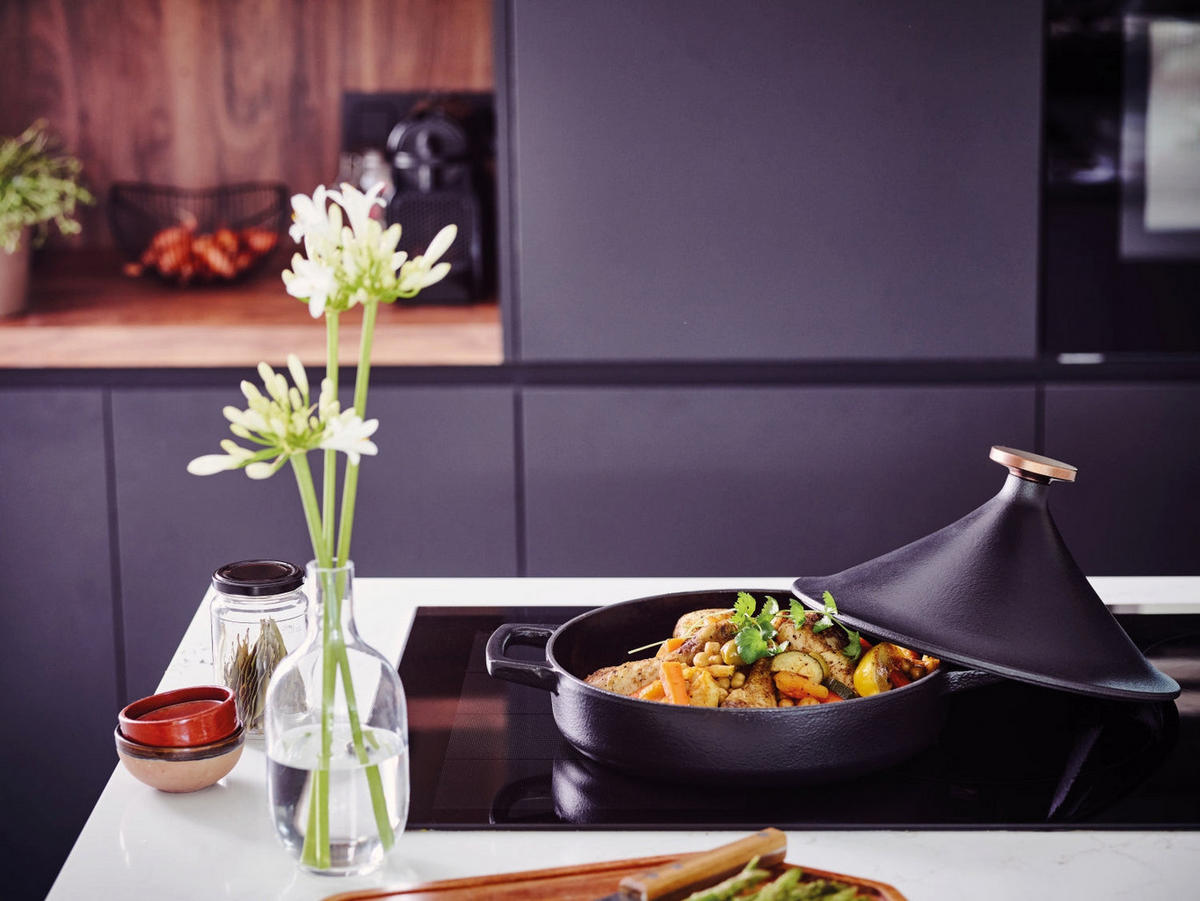 TAJINE Tagine - Nori - Gusseisen ø 28 cm - 3 Liter - emaillierte Antihaftbeschichtung + Gratis Ledergriffe - Schwarz, Keramik (1/29/21cm)