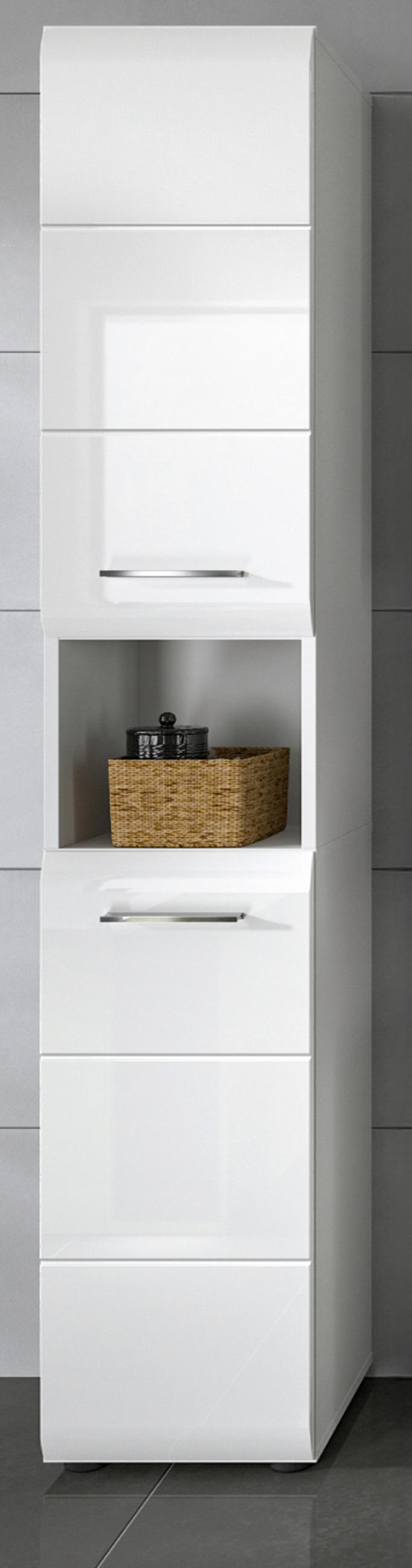 HOCHSCHRANK weiß Hochglanz, Badschrank 30 cm mit viel Stauraum - Weiß Hochglanz/Silberfarben, Holzwerkstoff/Kunststoff (30/185/30cm) - Inn.Furn