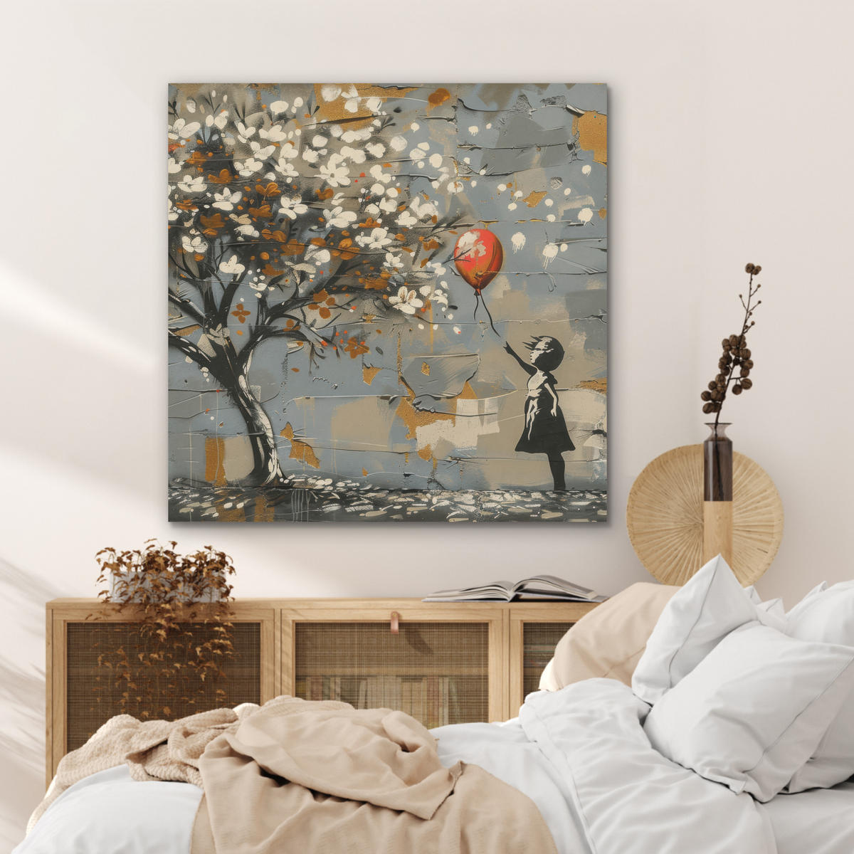 AKUSTIKPANEEL Baum - Graffiti - Banksy-Stil - Ballon-Mädchen 90x90 cm - Blaugrau, Textil (90/0.9/90cm) - MuchoWow