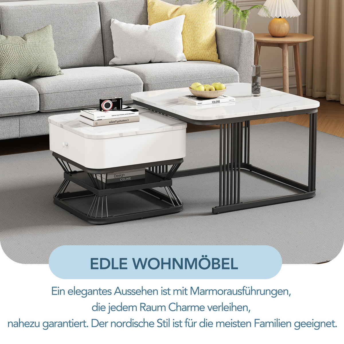 COUCHTISCH-SET Weiß/Schwarz 2er-Set 70/70/45 cm + 50/50/40 cm - Weiß, Glas (70/70/45cm) - PANGIVO