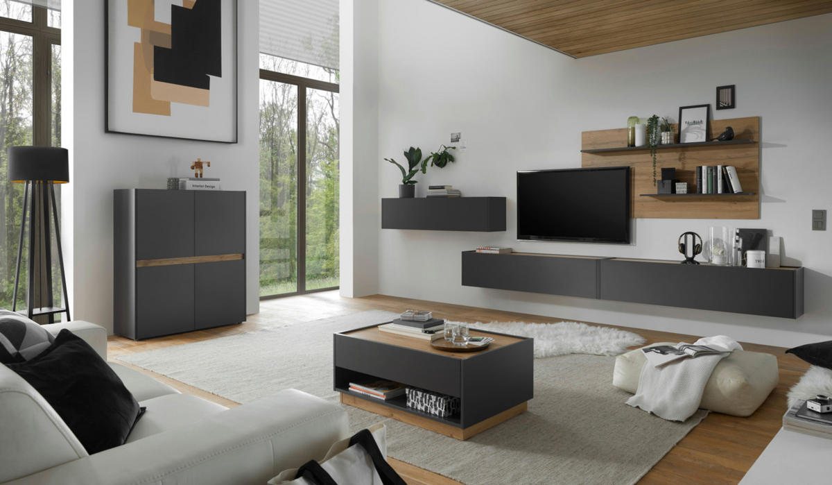 COUCHTISCH grau matt, Eiche Wotan 90 x 60 cm, Wohnzimmertisch mit Stauraum - Eiche Wotan/Grau, Holzwerkstoff/Metall (90/60/38cm) - Furn.Design