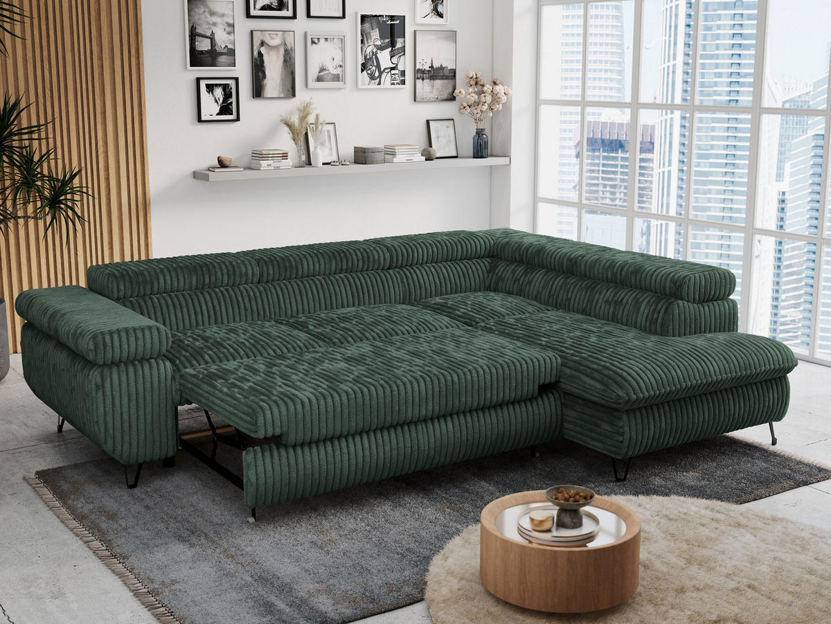 ECKSOFA PETER L Grün Cord - Rechts Seite - Schwarz/Grün, Textil/Metall (273/208cm) - MKS