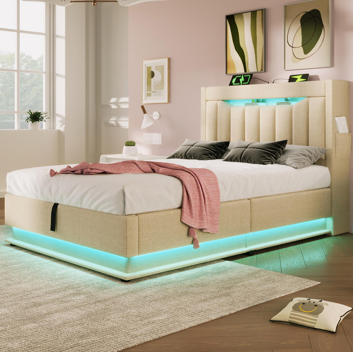 POLSTERBETT 90/200 cm Beige aus Leinen mit Stauraum und LED - Beige, Textil (90/200cm) - OKMYHOME