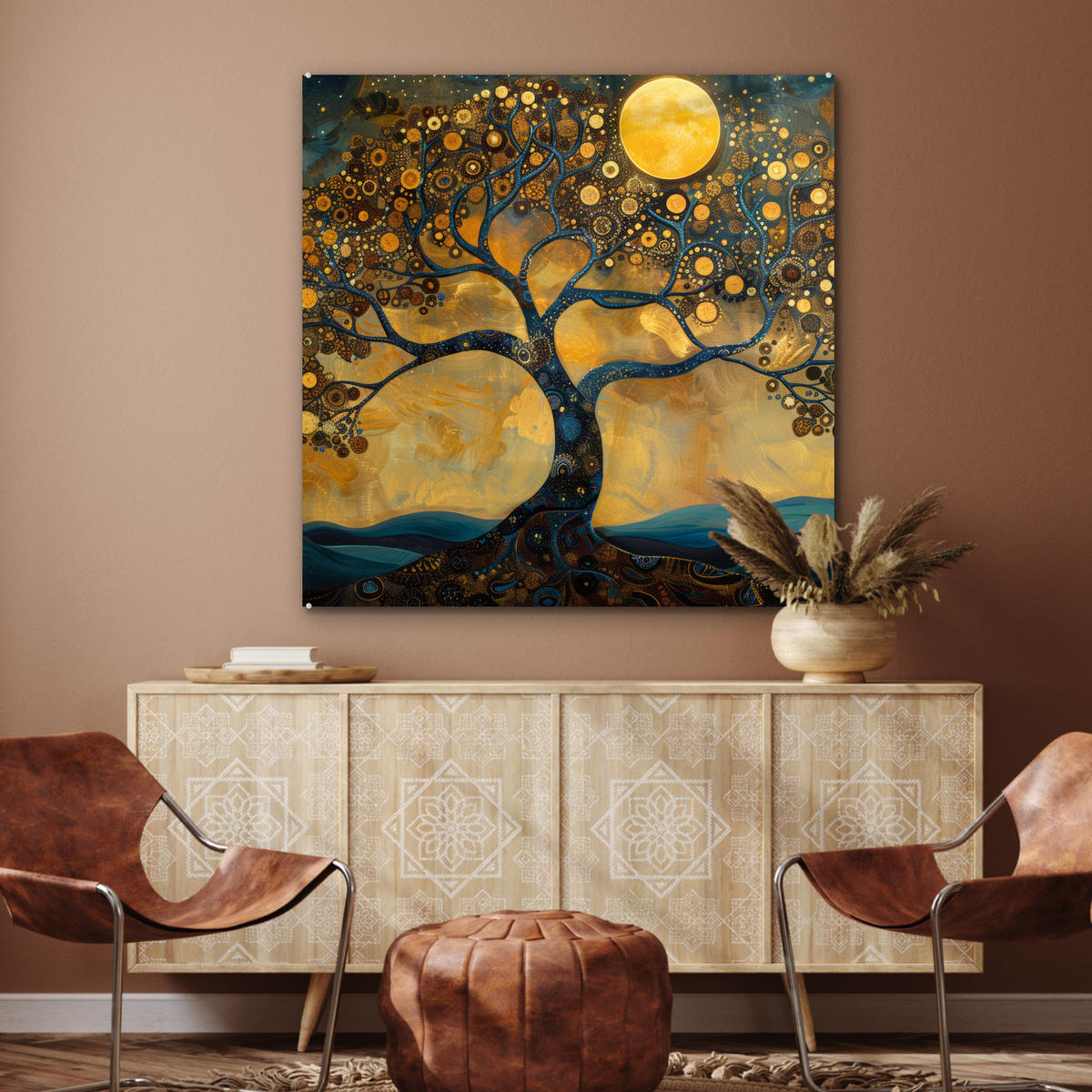ACRYLGLASBILD Baum - Mond - Blumen - Gold - Kunst 90x90 cm - Orange, Glas (90/90cm) - MuchoWow