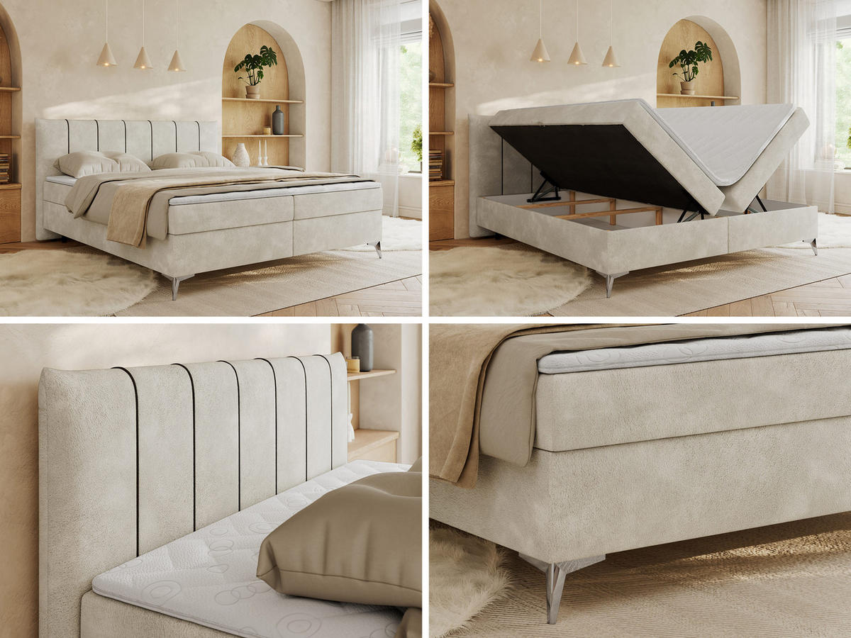 BOXBETT DRINEA 160/200 - Hellbeige Velours - H4 - Beige, Textil (160/200cm) - MKS