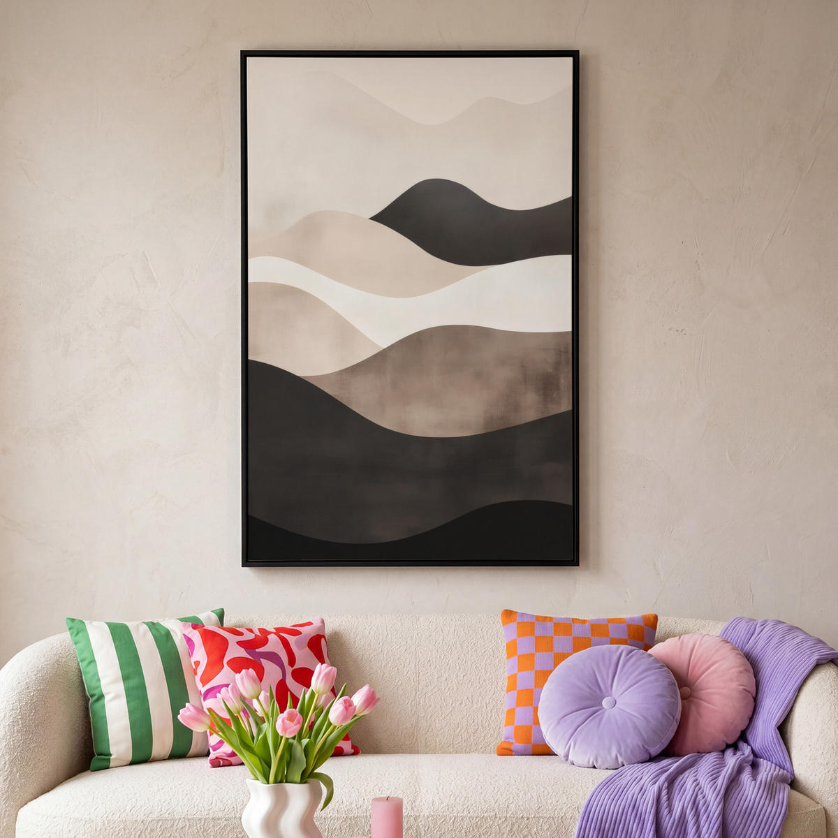 LEINWAND Bilder mit Rahmen - Abstrakt - Landschaft - Wellen - Cremefarben - 100x150 - Cappuccino, Textil (100/150cm) - MuchoWow