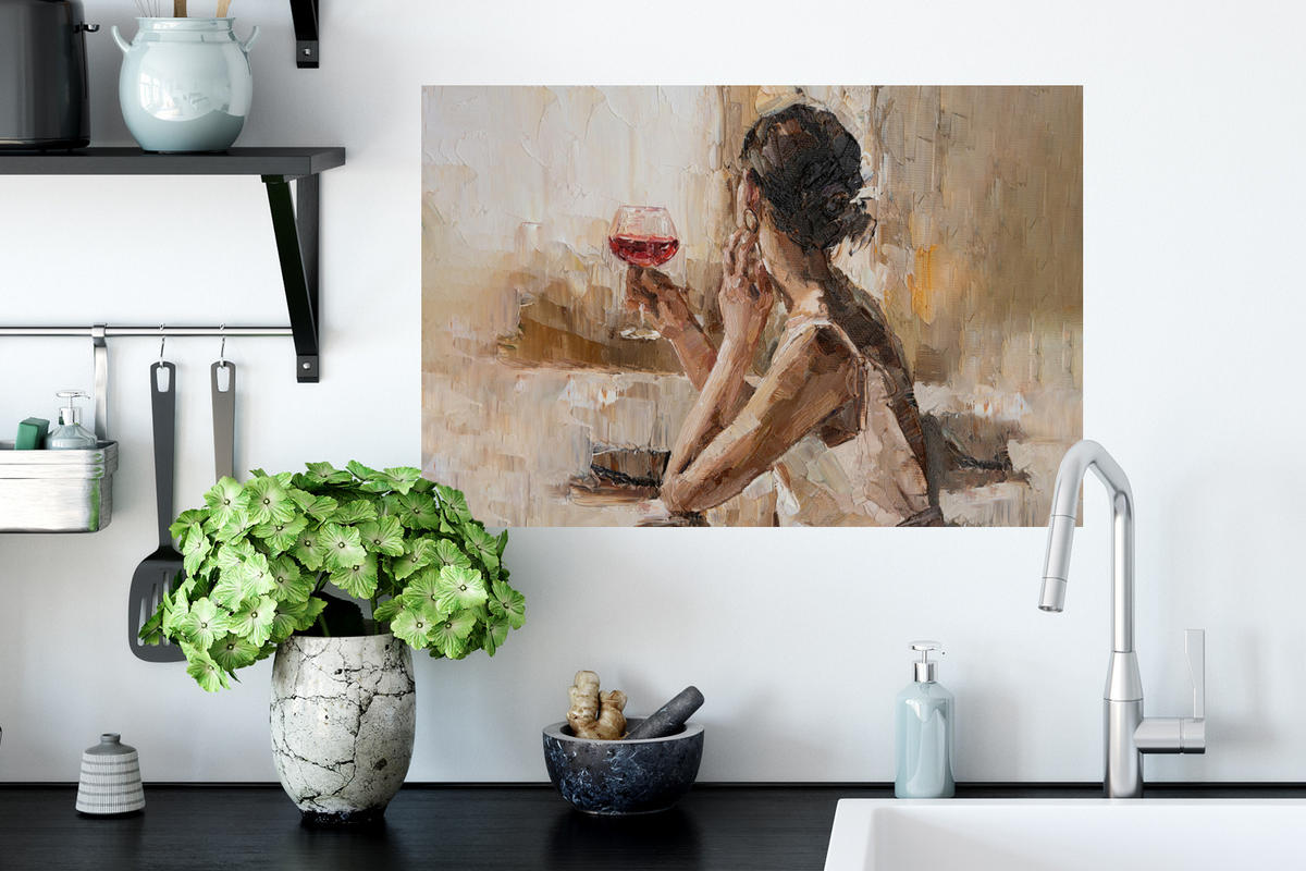 WANDTATTOO Ölgemälde - Frau - Wein 60x40 cm - Hellbraun, Kunststoff (60/40/0.1cm) - MuchoWow