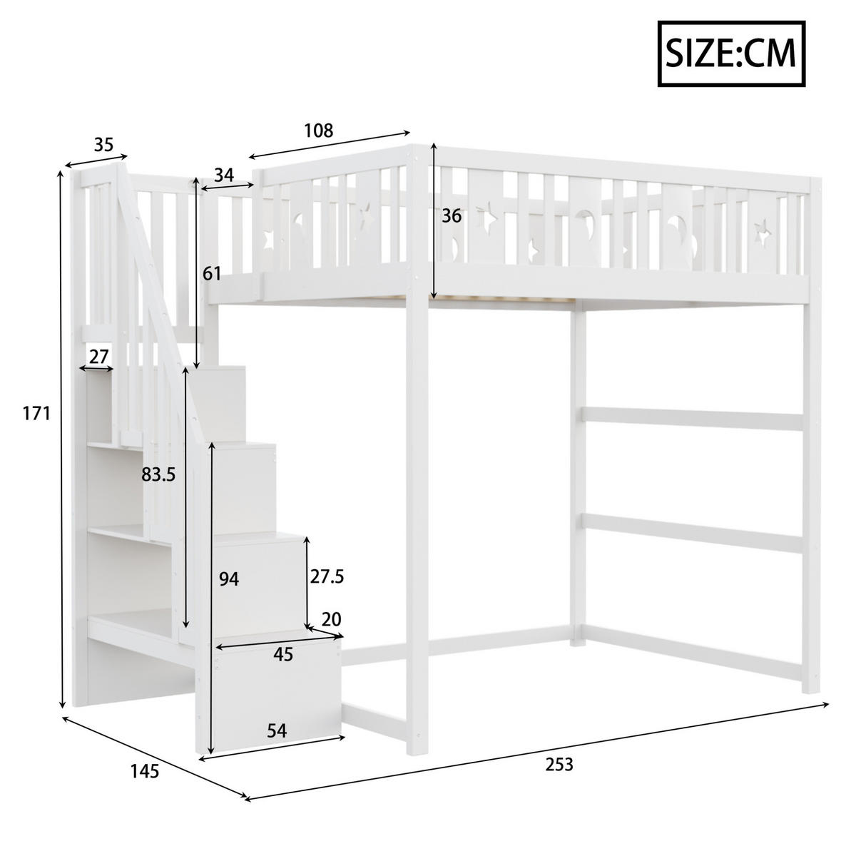 VISOKI krevet 140/200 cm sa stubištem, sigurnosnim ogradama i policama, bijeli, masivno drvo - bijela, drvni materijal (140/200cm) - Redom