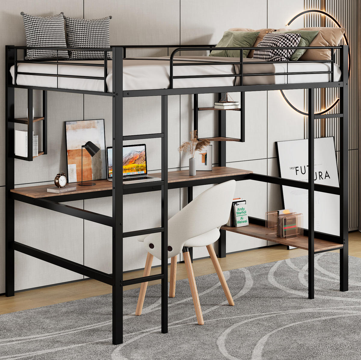 HOCHBETT 90/200 cm Schwarz aus Metall mit Schreibtisch und Regalen - Schwarz, Metall (90/200cm) - OKMYHOME