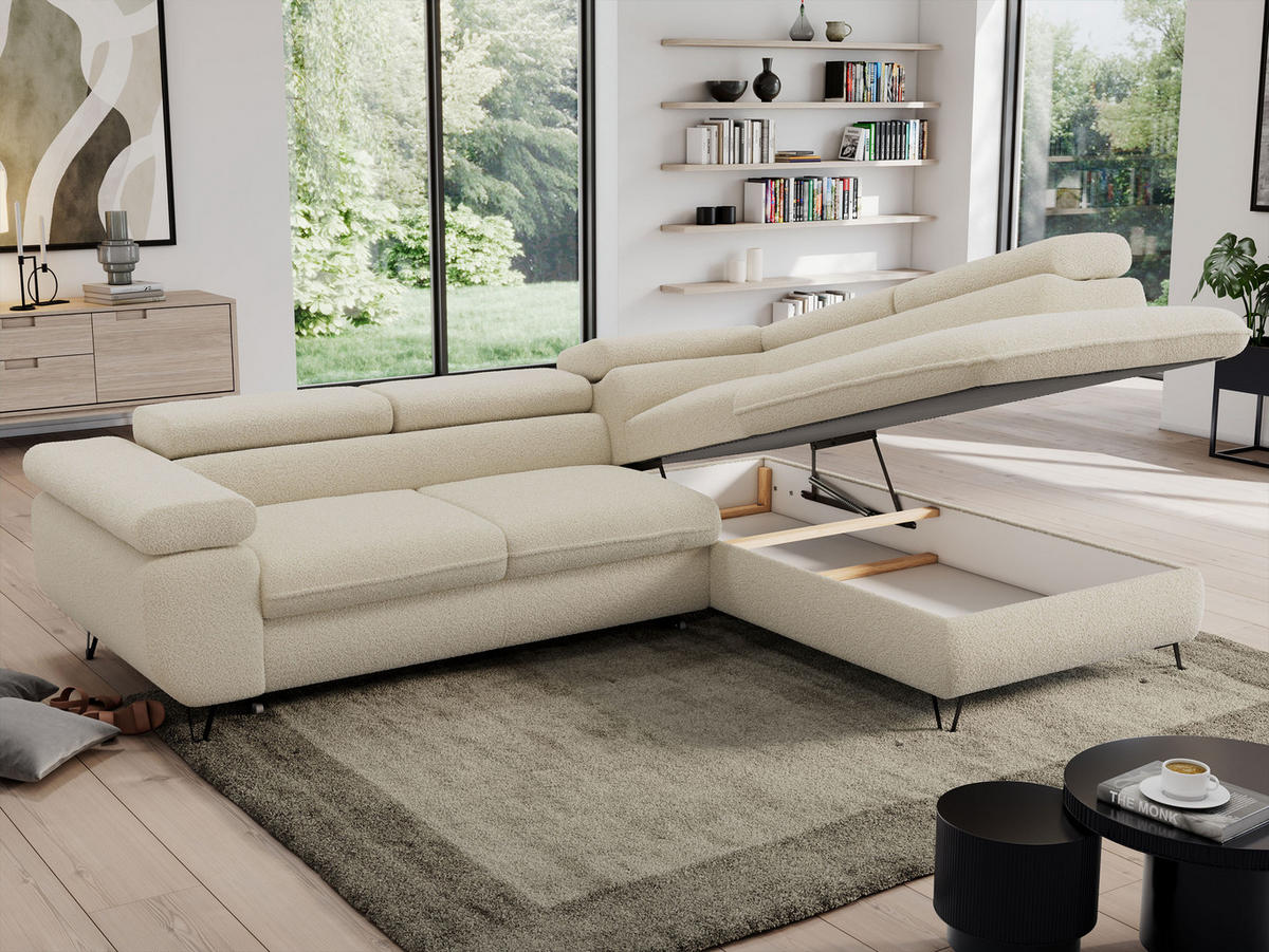 ECKSOFA PEDRO L Beige Boucle - Rechts Seite - Beige/Schwarz, Textil/Metall (273/208cm) - MKS