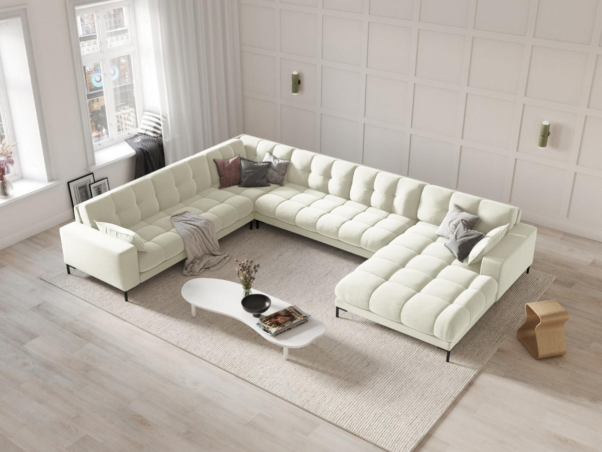PANORAMASOFA links Mamaia aus Samt leichtes beige 7 Sitzplätze - Creme, Textil (256/75/327cm) - Micadoni