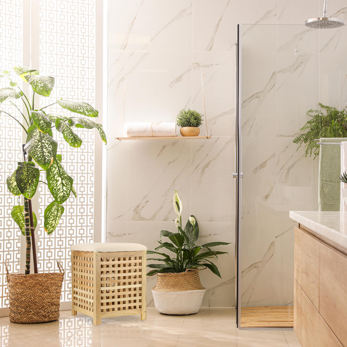 KÔŠ na prádlo - svetlohnedá, drevo/textil (39/50/39cm) - Relaxdays