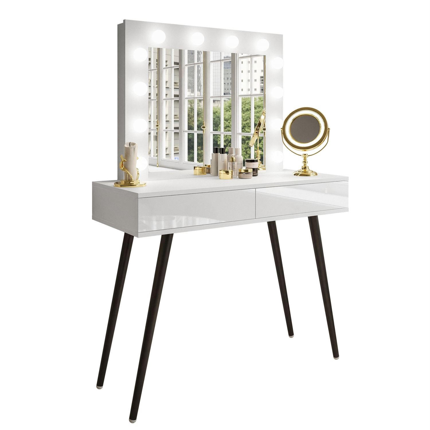 SCHMINKTISCH SIENNA LOFT mit Schubladen PUSH OPEN - Weiß Hochglanz/Schwarz, Holzwerkstoff (100/81/42cm)