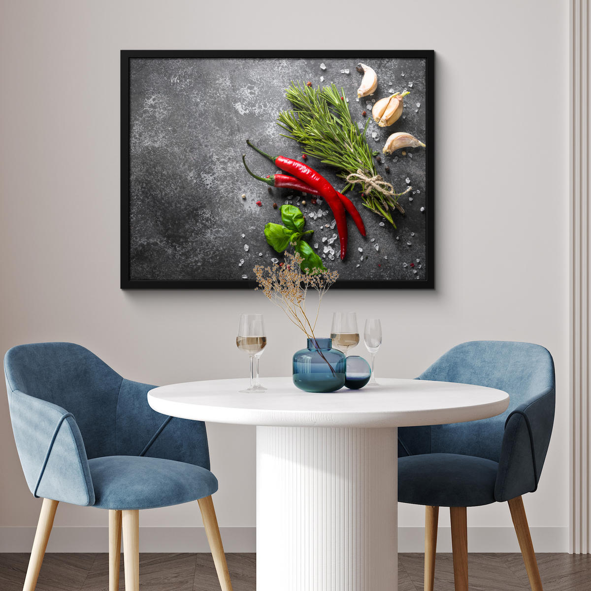 ZARÁMOVANÝ PLAGÁT Korenie - bylinky - korenie - betón 80x60 cm - tmavosivá, papier (80/60cm) - MuchoWow
