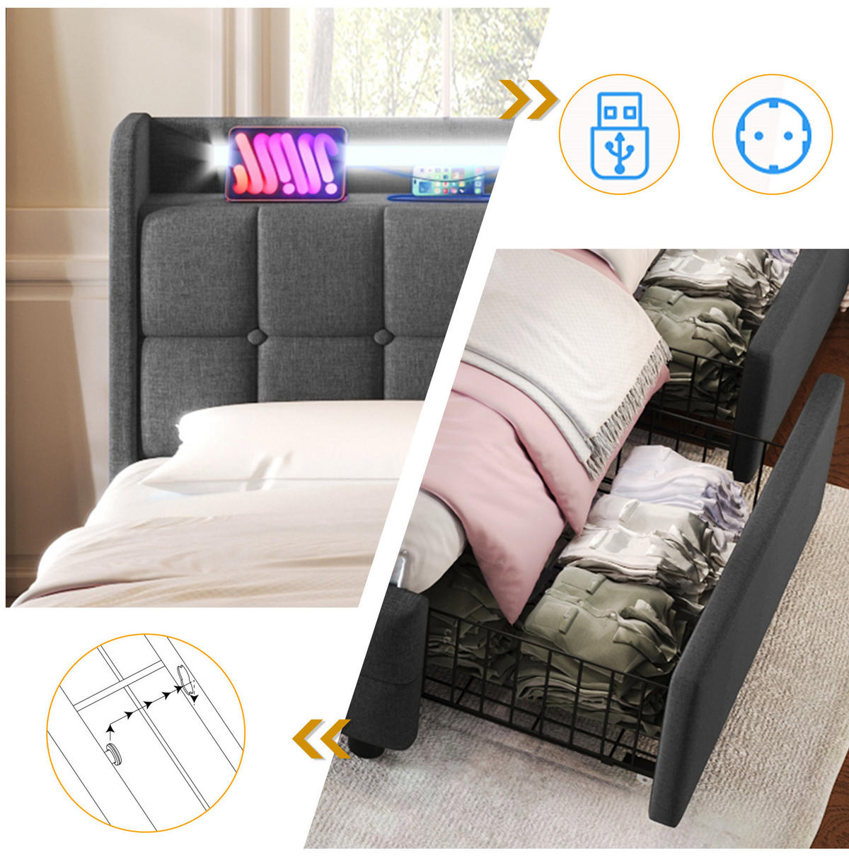 POLNJENA postelja iz lesa in kovine 160x200 cm siva z USB priključki, LED osvetlitvijo in 4 predali - siva, leseni material (160/200cm) - Modfu