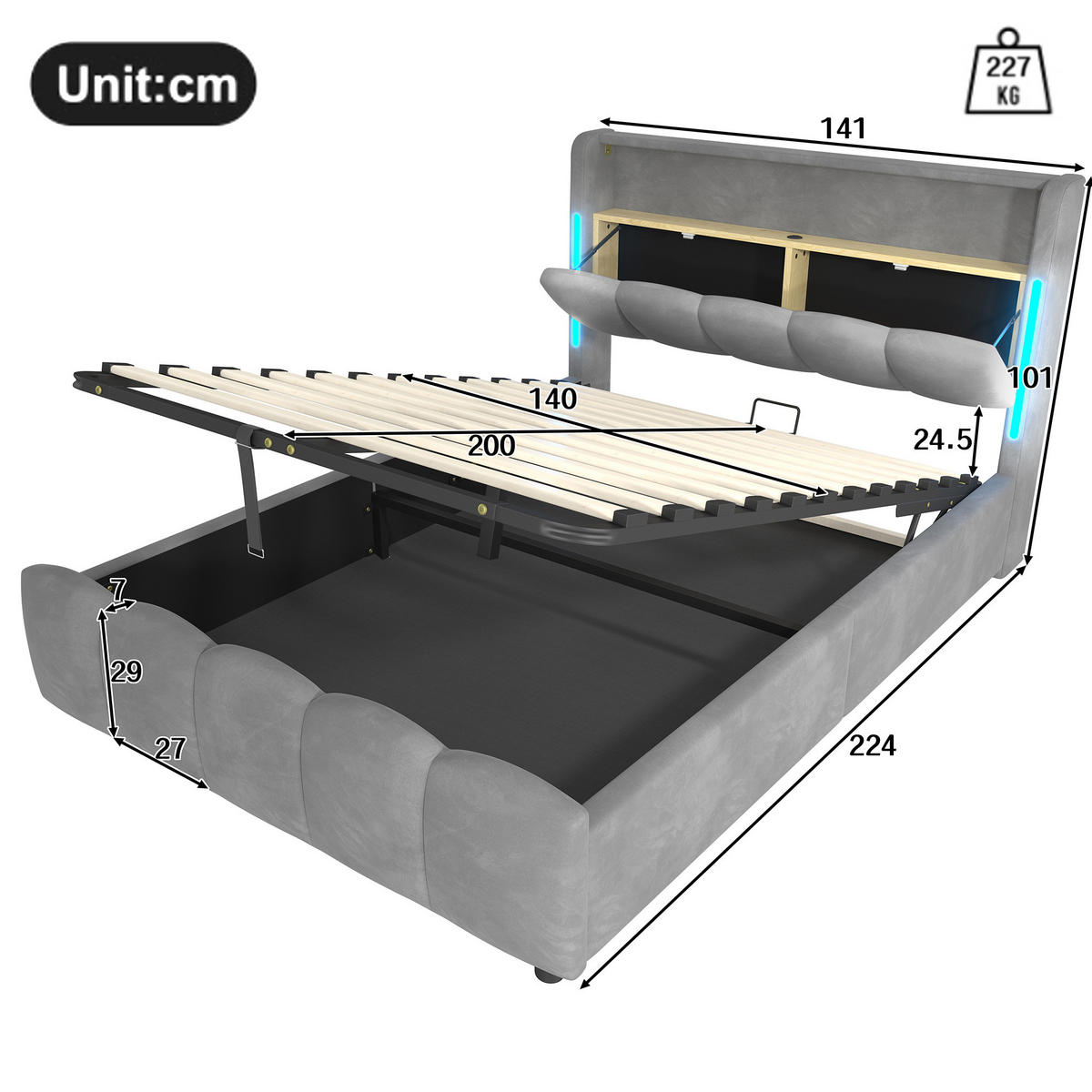 POLSTERBETT 140/200 cm mit LED-Beleuchtung, USB- und Typ-C-Anschluss, hydraulischem Stauraum und Samtbezug, Grau - Grau, Textil (140/200cm) - Redom