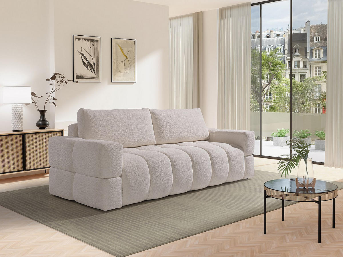 SOFA 3-Sitzer mit Schlaffunktion - Bouclé - Stoff - Cremefarben - ISSORO II - Beige, Textil (252/107/107cm) - Vente-Unique
