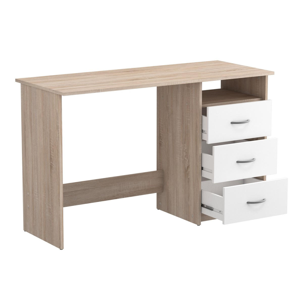SCHREIBTISCH 1 Fach 3 Schubladen L123 cm - Aristote - Eichefarben/Weiß, Holzwerkstoff (123/50.1/76.5cm) - Calicosy