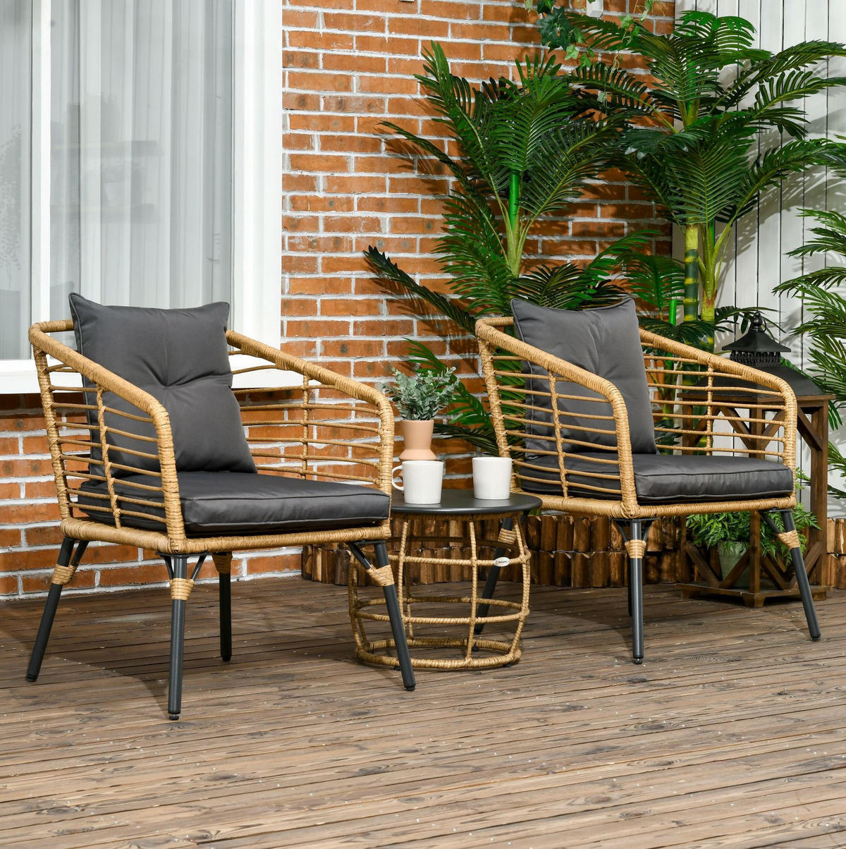 BISTRO-SET 62/65/78 cm mit 2 Sesseln, Couchtisch, Kissen und Stahlgestell, Sand - Grau, Metall - Redom