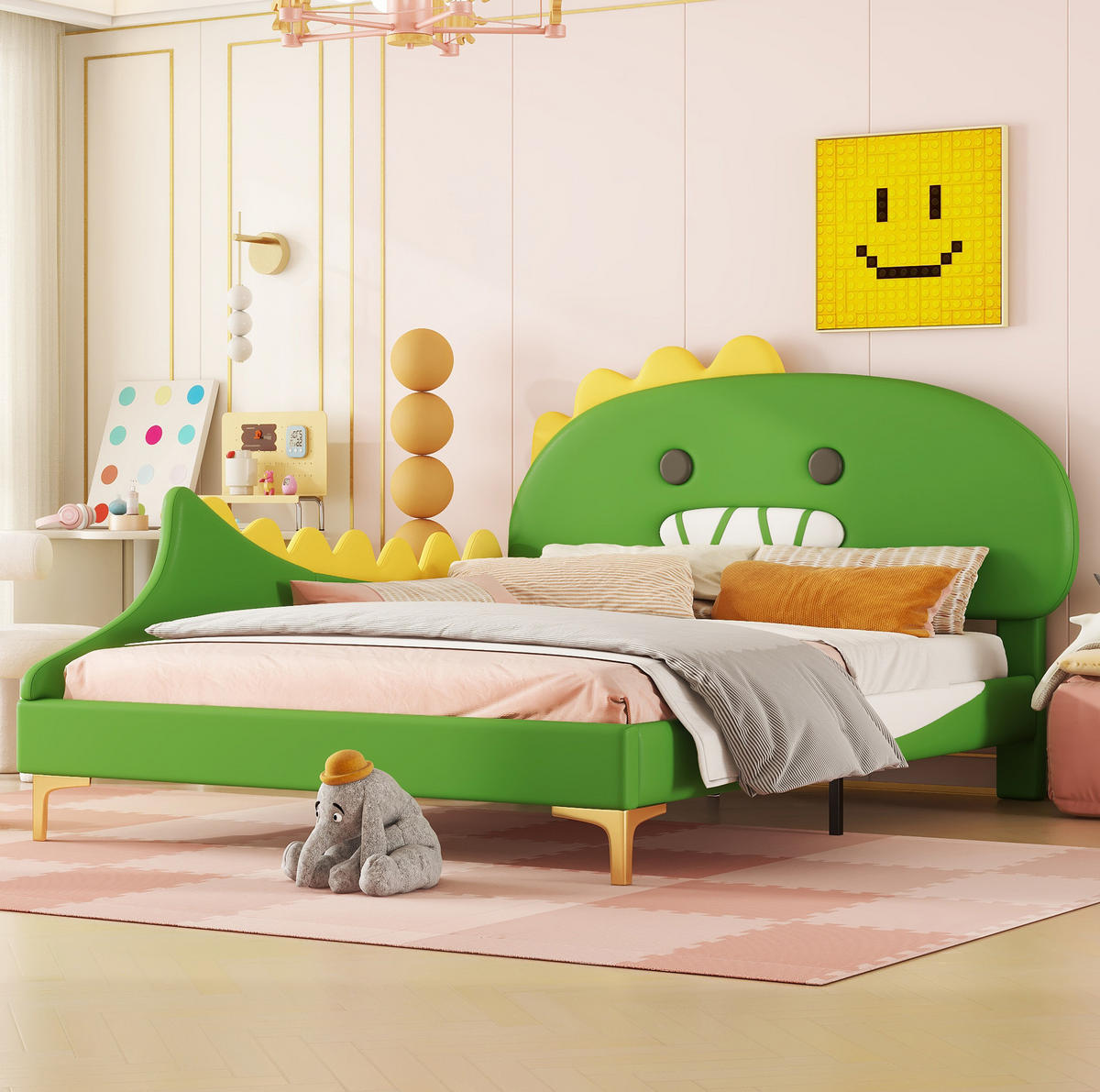 KINDERBETT 140/200 cm in Grün aus PU und MDF in Dinosaurierform - Grün, Kunststoff (140/200cm) - OKMYHOME
