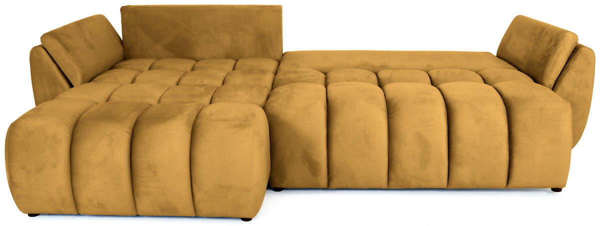 ECKSOFA Iris mit Schlaffunktion und Bettkasten, links oder rechts montierbar – Senfgelb Samt 280/184/85 cm - Dunkelgelb/Schwarz, Kunststoff/Textil (280/184cm) - WFL GROUP