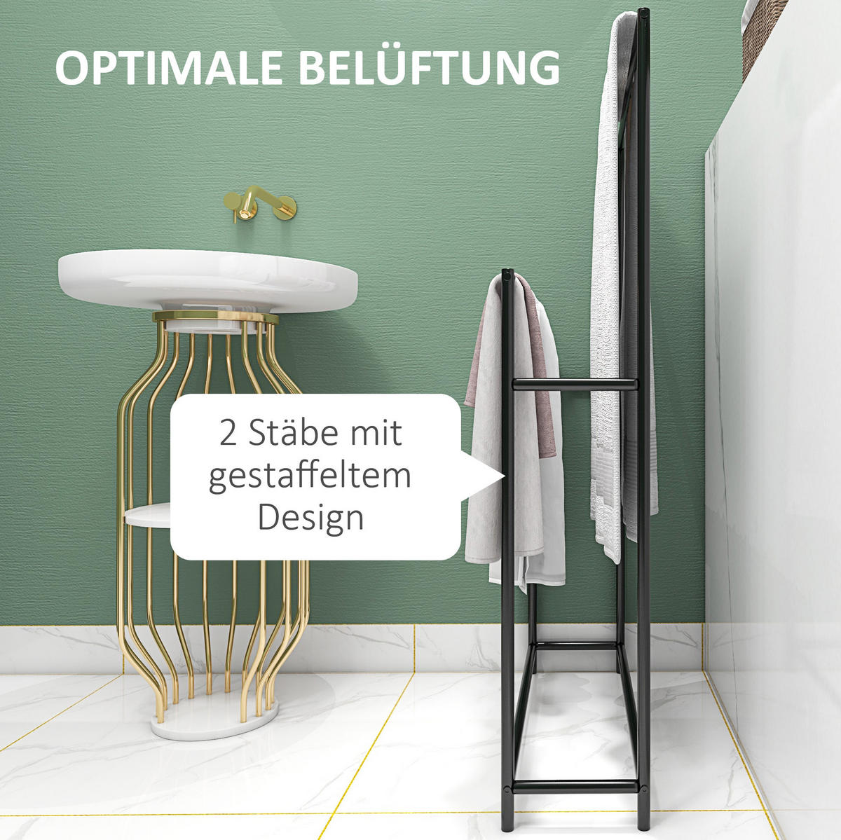 HANDTUCHSTÄNDER 66x20x110 cm Schwarz aus Metal mit 2 Stangen & rutschfesten Füßen - Schwarz, Metall (66/110/20cm) - Modfu