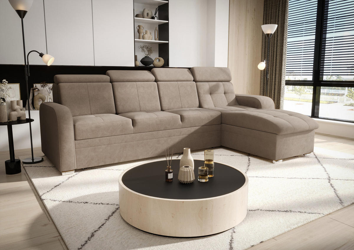 ECKSOFA KONGO RBN10, Eckcouch in L-Form mit Schlaffunktion, Farbe: Beige, Velourstoff, Ottomane Rechts - Beige, Textil (315/169cm) - O-Sofa