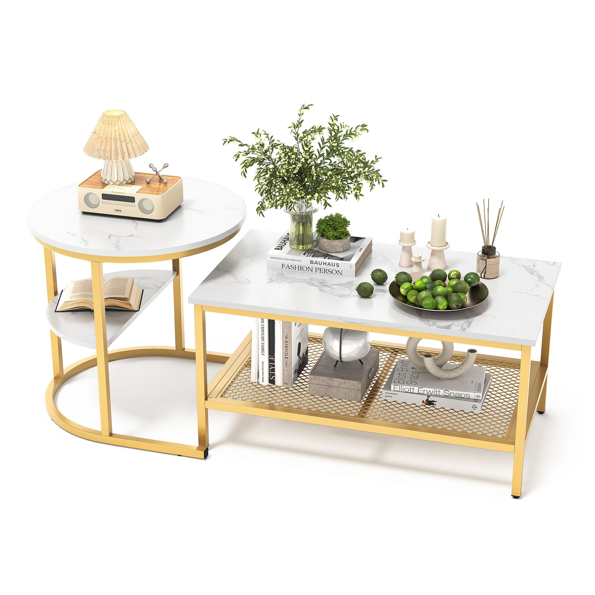 COUCHTISCH-SET Gold Marmoroptik mit Stauraum und Metallgestell - Goldfarben, Metall (80/41/46cm)