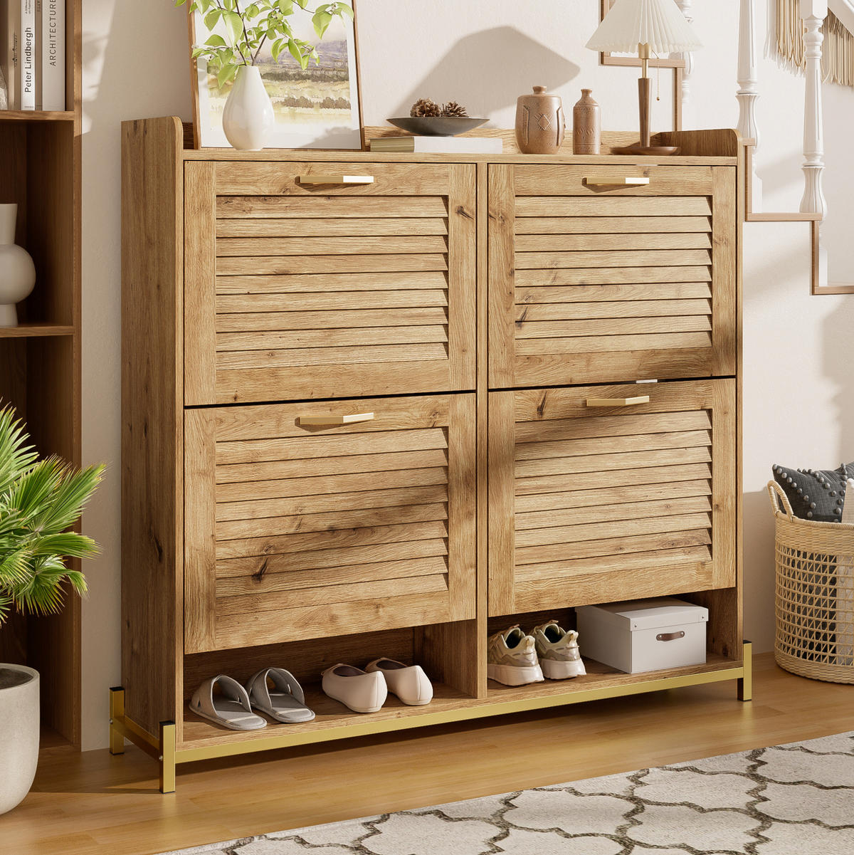 SCHUHSCHRANK 108,5/24/100 cm mit 4 Türen in Holzoptik und Metallgestell - Naturfarben, Holzwerkstoff (108.5/100/24cm) - BEAOK