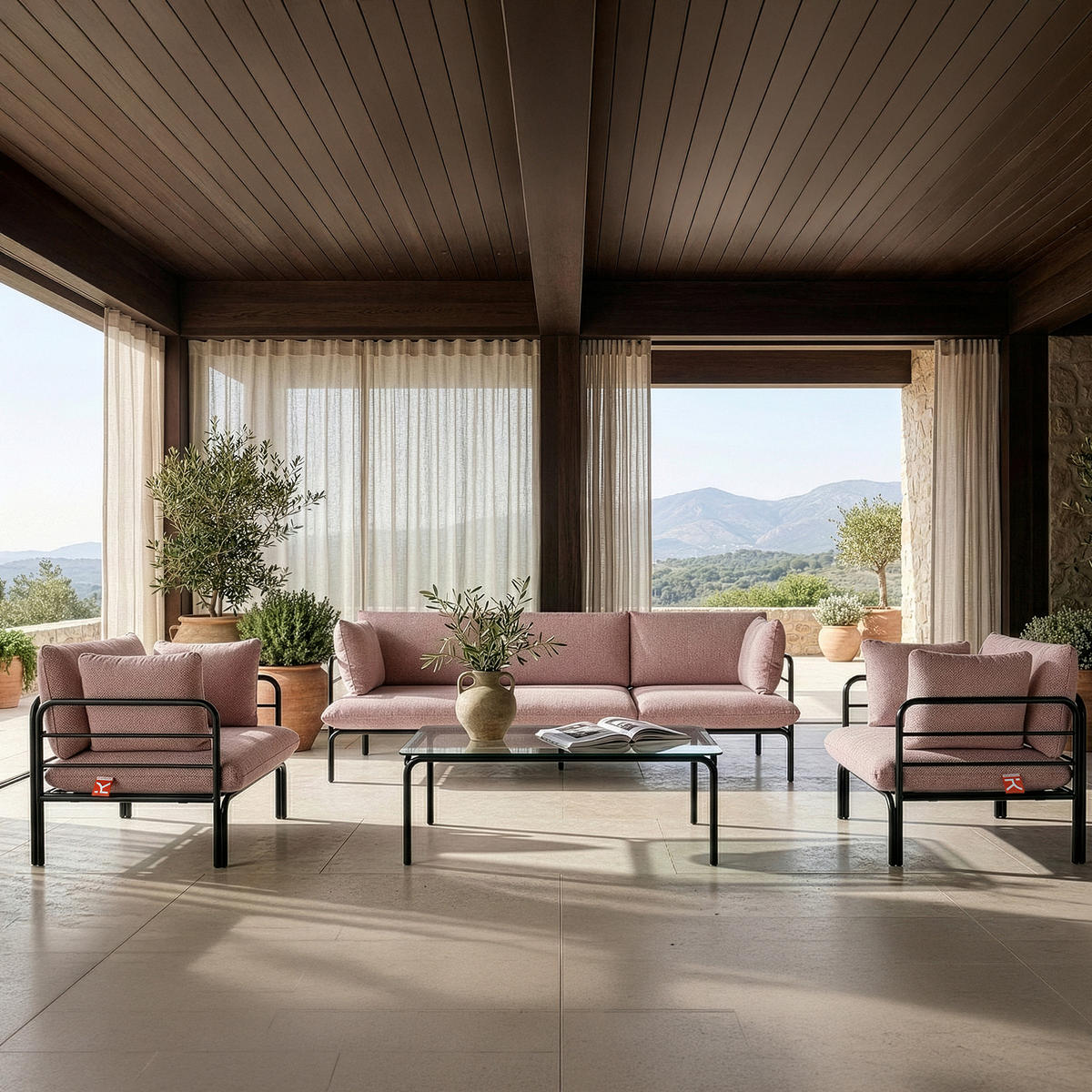 GARTENMÖBELSET RAMBE 4-tlg. 1x Tisch 2x Sessel 1x Sofa 3-Sitzer, mit Auflage, Stahlrahmen, LOFT-STIL, Anthrazit - Anthrazit/Rot, Glas/Textil - KONSIMO®