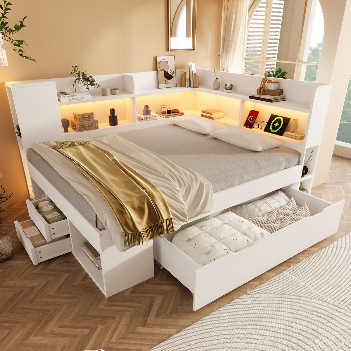 POLSTERBETT 140/200 cm mit LED-Beleuchtung, USB- und Typ-C-Anschluss, Stauraum und Lattenrost, Holzwerkstoff, Weiß - Weiß, Textil (140/200cm) - Redom