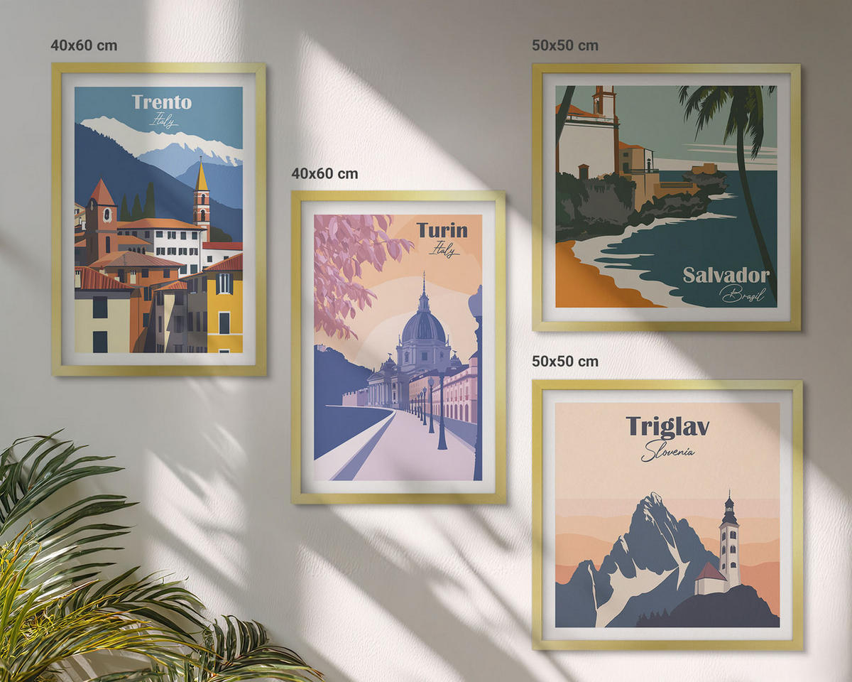 BILDER SET 4er Set - 50x50 cm & 40x60 cm Goldrahmen - Illustrationen zur Retro-Architektur der Berge - Goldfarben, Kunststoff (50/50cm) - TULUP