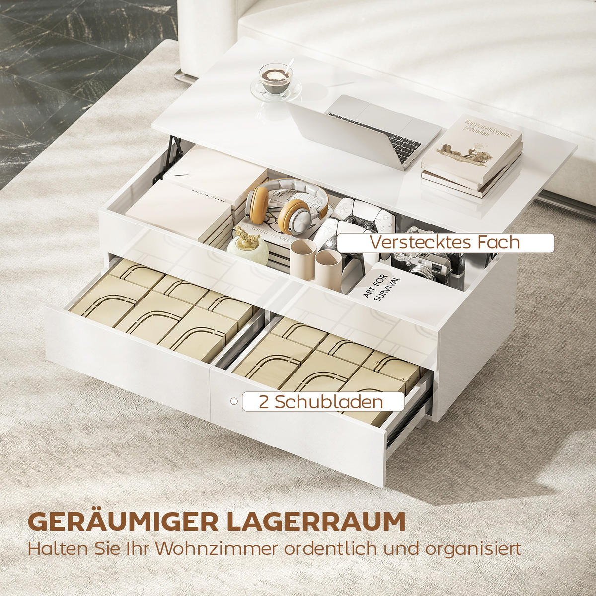 COUCHTISCH höhenverstellbar Spanplatte Hochglanzweiß - Weiß Hochglanz, Holzwerkstoff (102/48/54.5cm) - HOMCOM