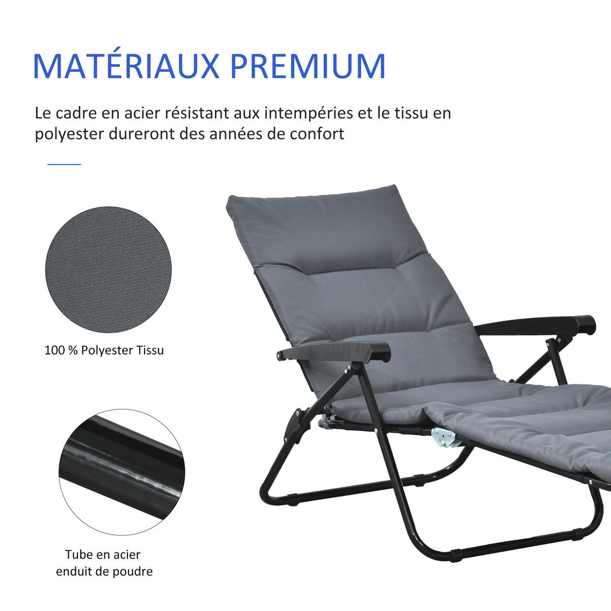 SONNENLIEGE DE-15595 6 Positionen mit Matratze + Armlehnen Grau - Grau, Metall (58/89/153cm) - ComfortXL