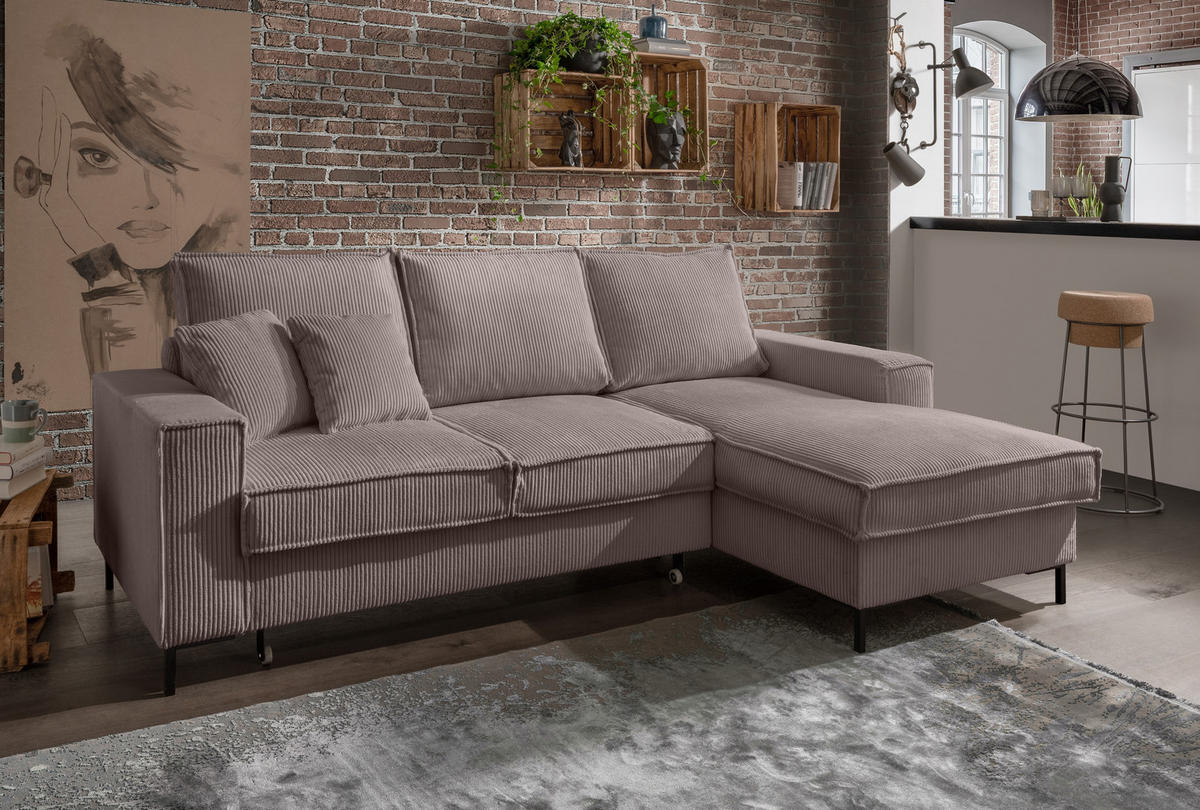 ECKSOFA mit Schlaffunktion, Bettkasten, Wellenunterfederung, Récamiere rechts B240/T150/H92 cm, Liegefl. 125x198 cm, Cord Braun Taupe / 17222 - Taupe/Schwarz, Textil/Metall (240/150cm) - luma-home