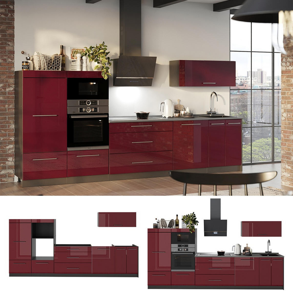 CHICINETĂ Fame-Line, Bordeaux lucios ridicat/antracit, 340 cm, AP Stejar - bordo/antracit, compozit lemnos (340/153.6/60cm) - Vicco
