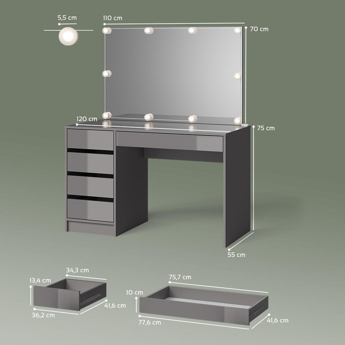 SCHMINKTISCH Imola Grau 120 cm mit LED Beleuchtung - Grau, Holzwerkstoff (120/75/55cm) - Livinity®