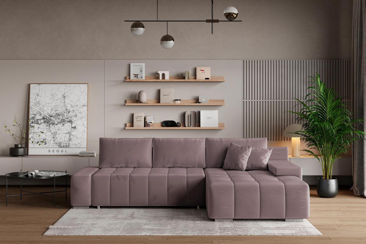 ECKSOFA ALESE R-S Lila Velours-Stoff mit Schlaffunktion - Lila, Holz (265/185cm) - MASSENO