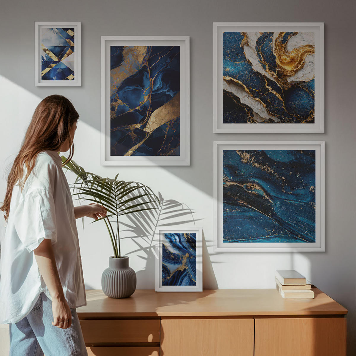 WANDBILDER 5er-Set - 50x50 cm & 20x30 cm & 40x60 cm Weißer Rahmen - Abstrakte, elegante Muster - Weiß, Kunststoff (40/60cm) - ArtPrintCave