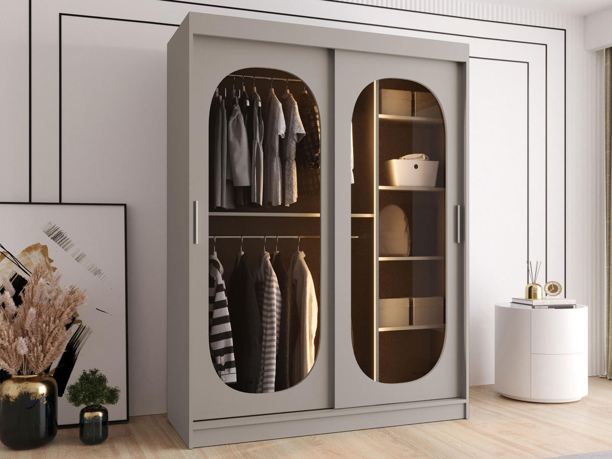 SCHWEBETÜRENSCHRANK Bahrajn 150 mit LED Beleuchtung - Kaschmir/Silberfarben, Holzwerkstoff/Kunststoff (150/200/62cm) - MIRJAN24