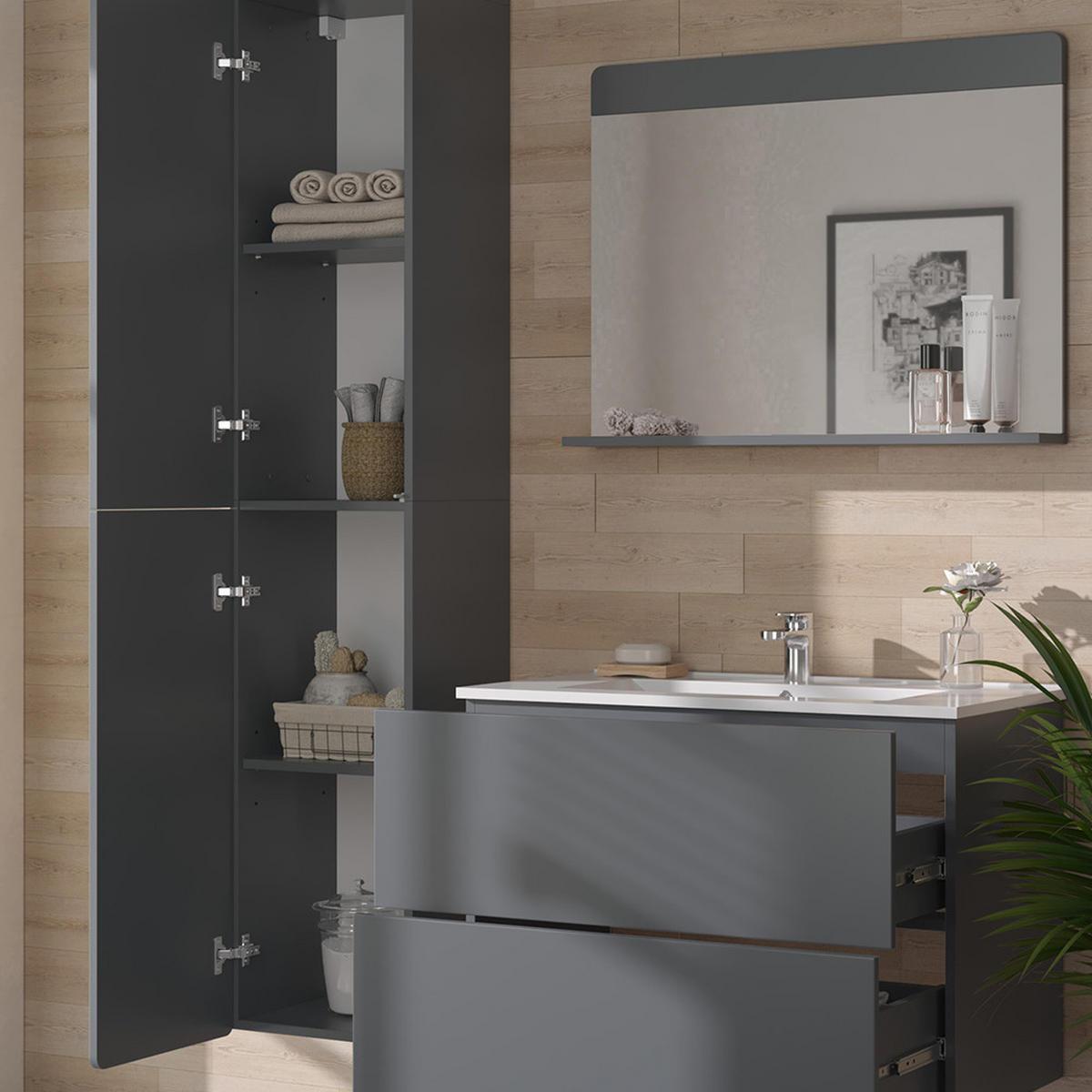 BADMÖBEL-SET Izan Grau 4 Teile mit Hochschrank - Grau, Holzwerkstoff (80/59.3/46cm) - Vicco