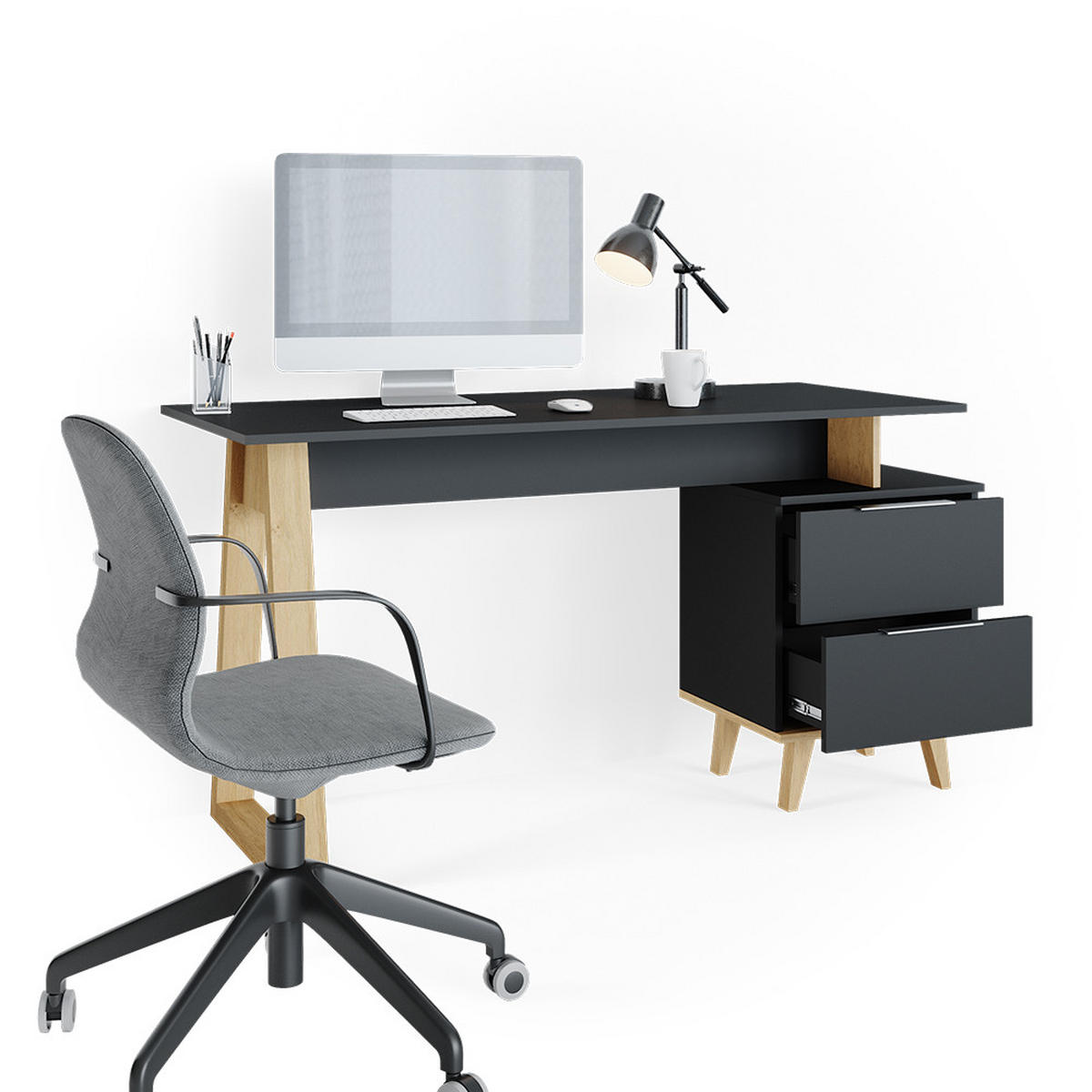 SCHREIBTISCH Nautica Anthrazit 138 x 60 cm mit Schubladen, L - Anthrazit/Buchefarben, Holzwerkstoff (60/138/77cm) - Vicco