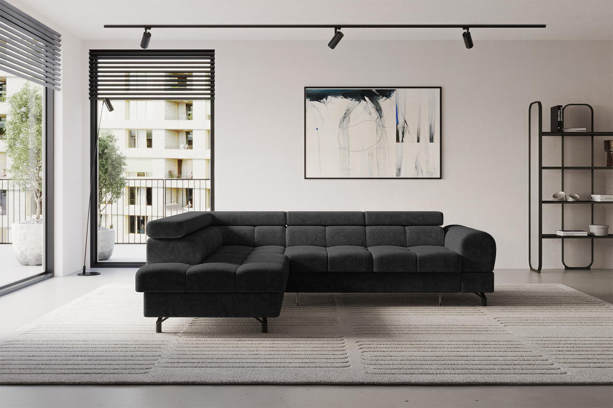 ECKSOFA mit Schlaffunktion Ottomane Links LUMA-L 272x203x70 Schwarz Velours - Schwarz, Holzwerkstoff/Kunststoff (272/203cm) - ALTDECOR