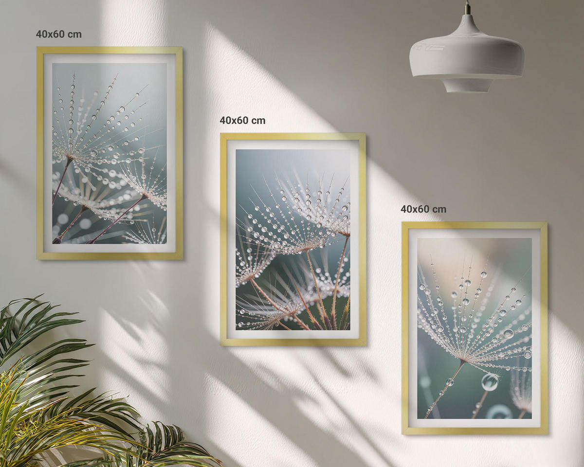 WANDBILDER 3er Set - 40x60 cm Goldrahmen - Wassertropfen auf Löwenzahnsprossen - Goldfarben, Kunststoff (40/60cm) - ArtPrintCave