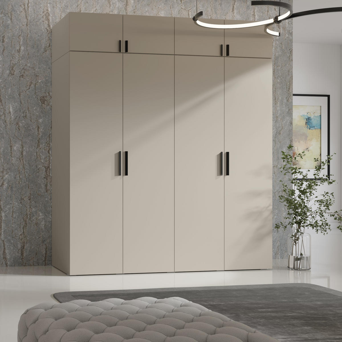 DREHTÜRENSCHRANK mit Aufsatz Napoli 4D 200 Kaschmir (schwarzer oder goldener Griff) - Kaschmir/Silberfarben, Holzwerkstoff/Kunststoff (200/35/60cm) - mzm24