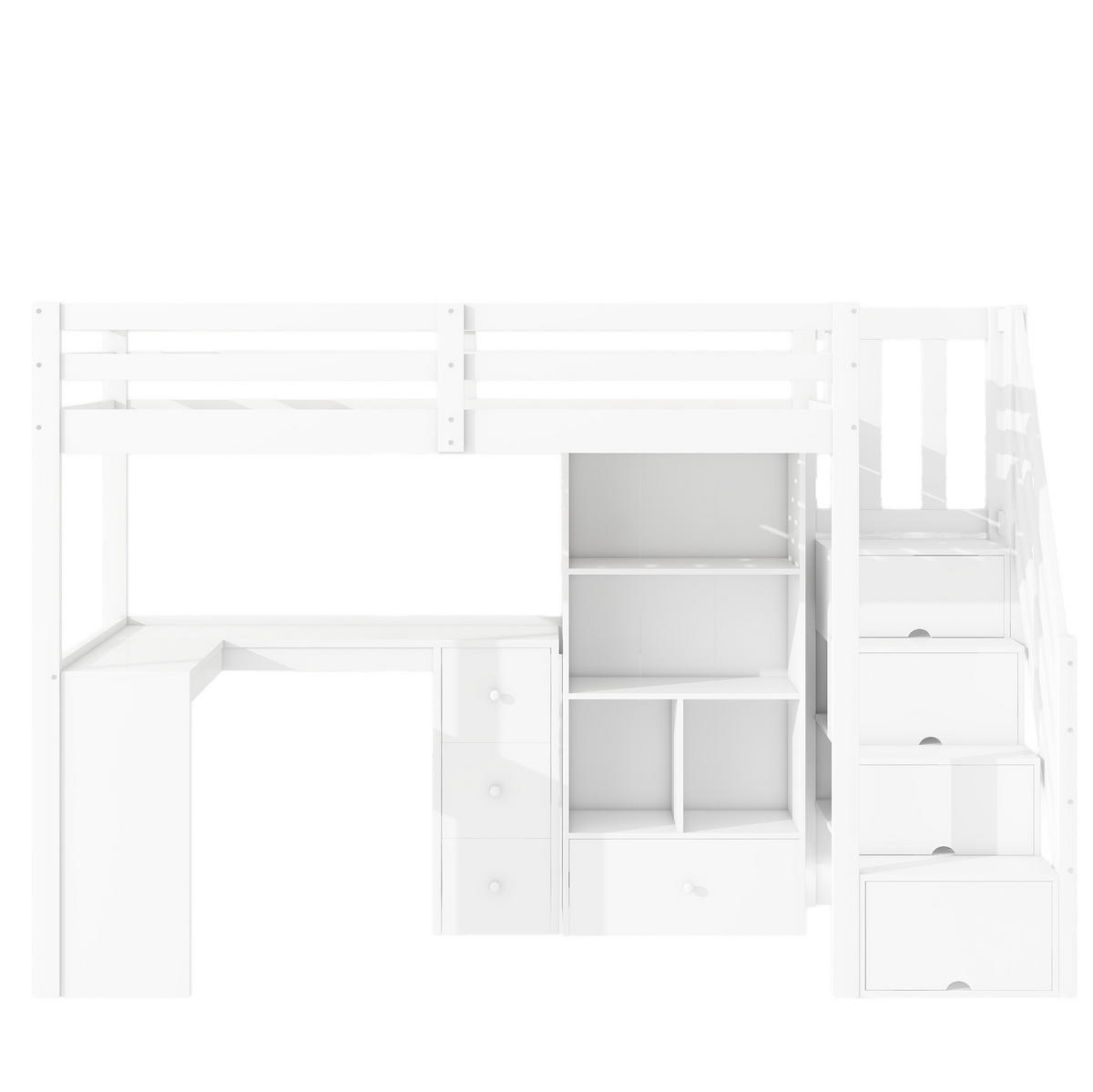 HOCHBETT aus Kiefernholz und MDF 90x200 cm Weiß mit Schreibtisch, Stauraumtreppe und Schubladen - Weiß, Holzwerkstoff (90/200cm) - IVMEU