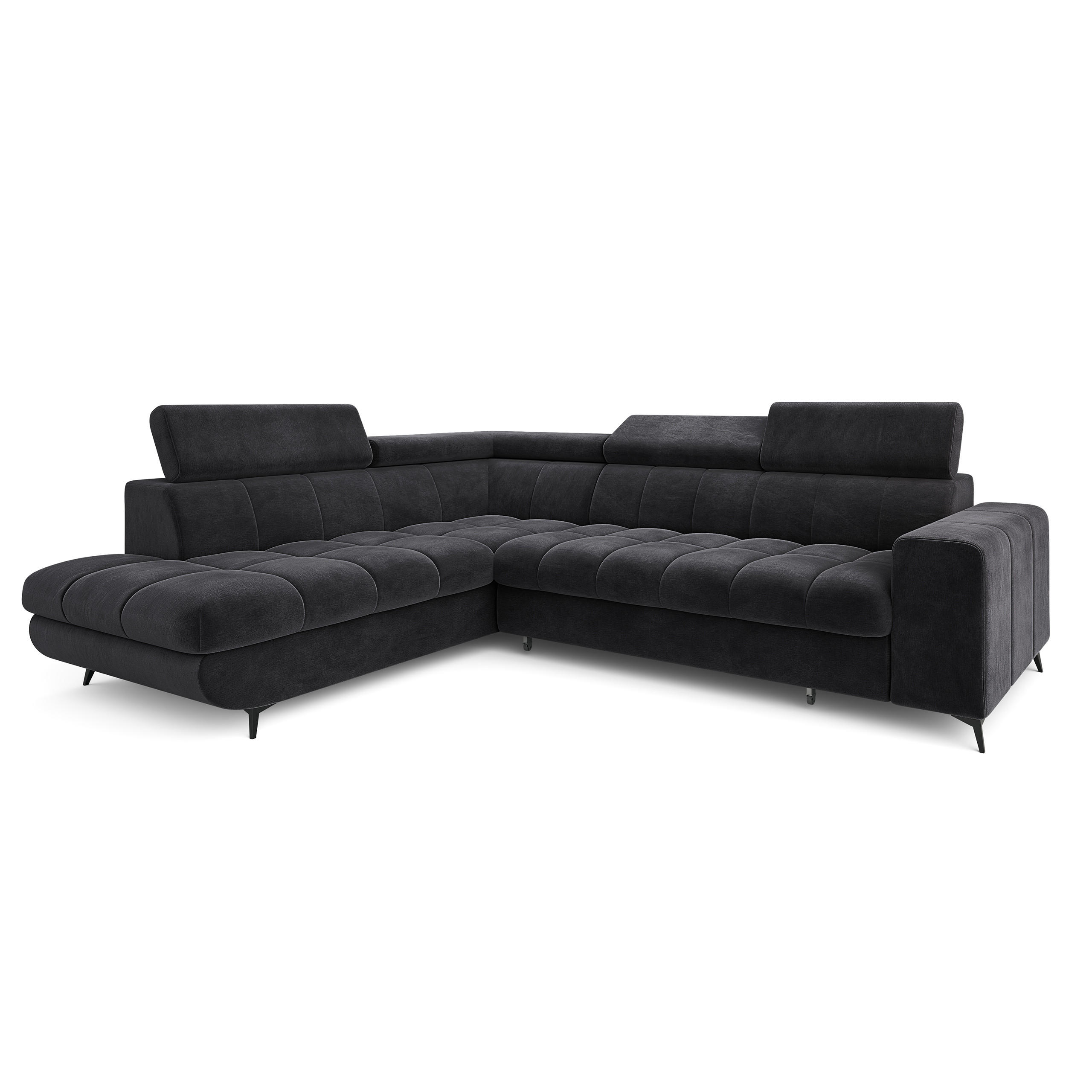 ECKSOFA MORIVA L-S Schwarz Velours-Stoff mit Schlaffunktion - Schwarz, Holz (253/190cm) - MASSENO