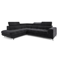ECKSOFA MORIVA L-S Schwarz Velours-Stoff mit Schlaffunktion - Schwarz, Holz (253/190cm) - MASSENO