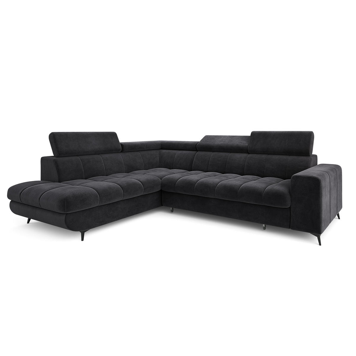 ECKSOFA MORIVA L-S Schwarz Velours-Stoff mit Schlaffunktion - Schwarz, Holz (253/190cm) - MASSENO