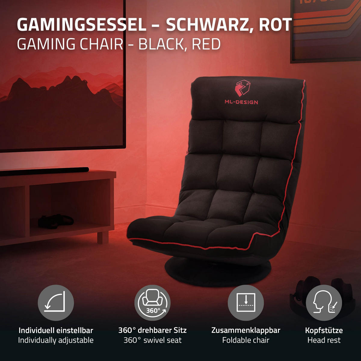 GAMINGOVÁ ŽIDLE NA ZEM Černá-červená látkový potah Otočná o 360° a nastavitelná - černá/červená, textil (56/85/92cm) - ML-DESIGN